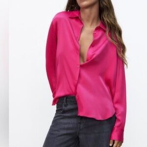Zara Pink Satin Button-Down Blouse M